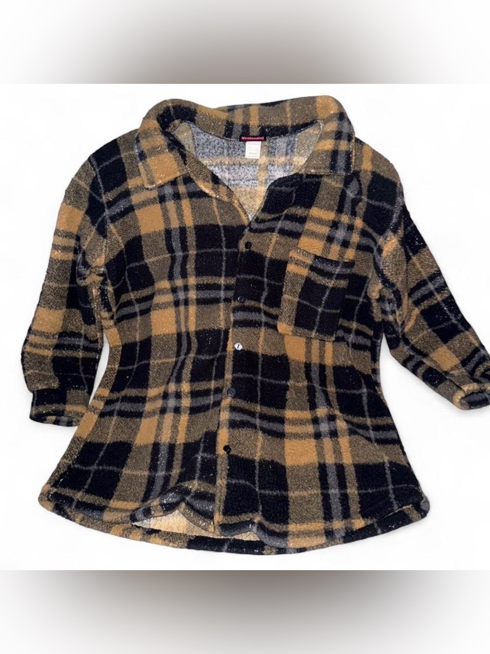 Womens Weekending Plaid Button-Up Fuzzy Flannel Shirt Jacket - Black & Tan Sz M